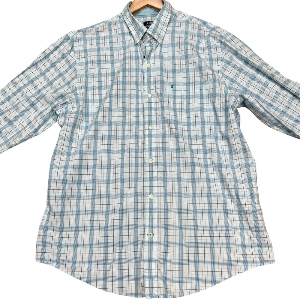 IZOD Button Down Shirt Mens Large Blue Teal Plaid Long Sleeve Pocket Stretch NEW